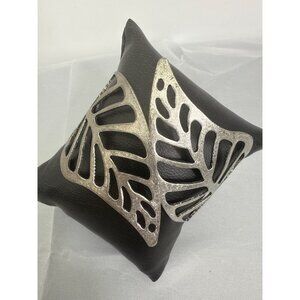 Wide Antique Silver Tone Leaf Cut-Out Cuff Bracelet
